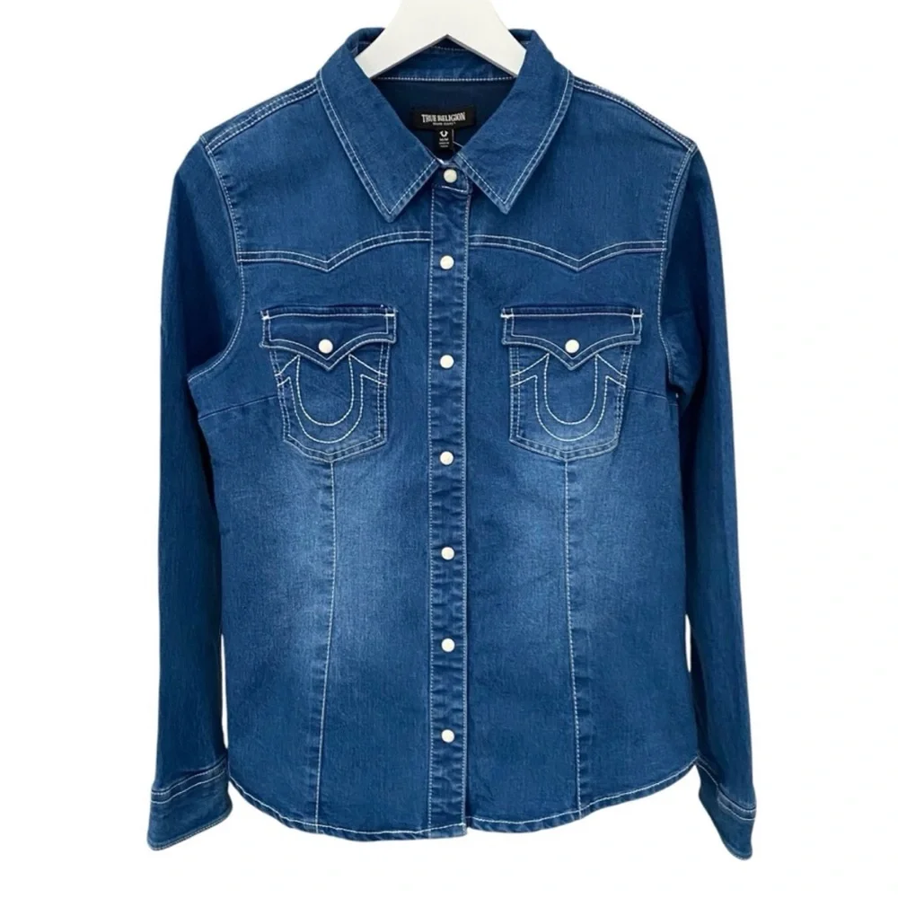 True Religion Chambray Western Denim Shirt Shacket Dark‎ Pearl Snap Button New M - Picture 9 of 13